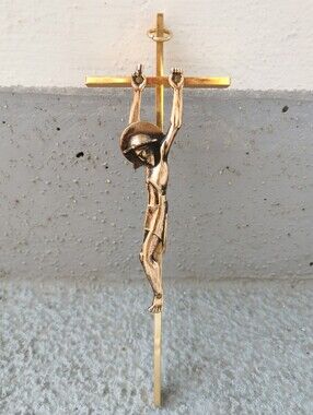 Vintage Mid Century Modern Brass Crucifix Bronze Tone Corpus Wall Cross